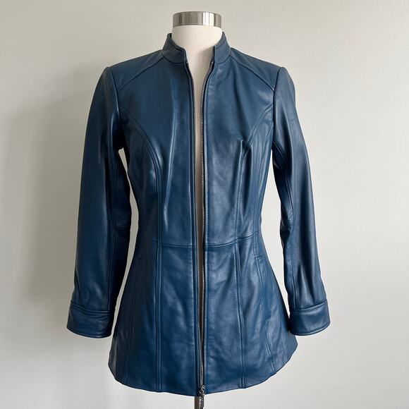 Denim and Company d & co. Blue Leather Jacket Mock Neck Two Way Zip XXSP - Picture 1 of 15